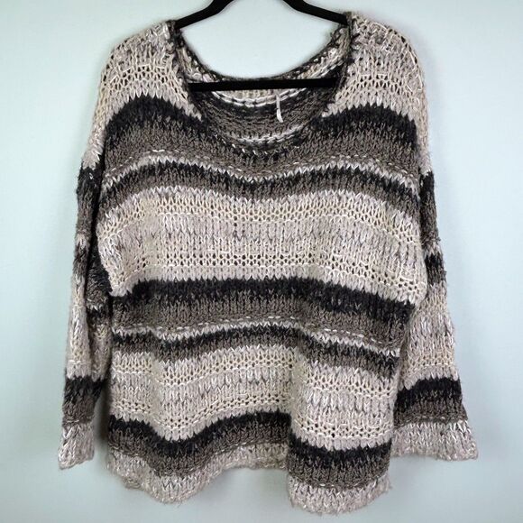 Free People Slouchy Knit Pullover Sweater Neutral Striped Brown Tan Cream Boho S - Picture 4 of 15
